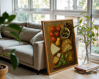 Mediterranean Kitchen Poster | Rustic Food Still Life Wall Art with Cheese, Olives & Tomatoes | Cozy Culinary Print | Free Shipping - Just Great Posters