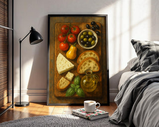 Mediterranean Kitchen Poster | Rustic Food Still Life Wall Art with Cheese, Olives & Tomatoes | Cozy Culinary Print | Free Shipping - Just Great Posters