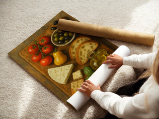 Mediterranean Kitchen Poster | Rustic Food Still Life Wall Art with Cheese, Olives & Tomatoes | Cozy Culinary Print | Free Shipping - Just Great Posters