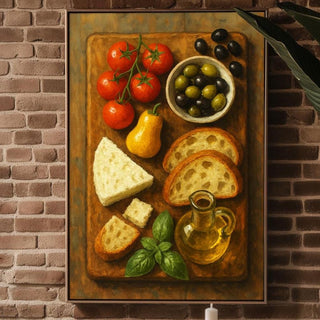 Mediterranean Kitchen Poster | Rustic Food Still Life Wall Art with Cheese, Olives & Tomatoes | Cozy Culinary Print | Free Shipping - Just Great Posters