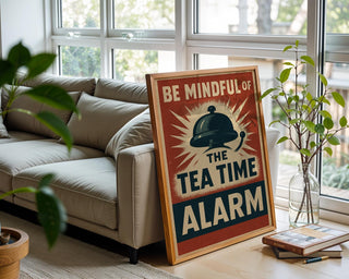 Tea Time Alarm Poster | Funny British Wall Art with Retro Graphic Bell Design | Kitchen or Cafe Print for Tea Lovers | Free Shipping - Just Great Posters