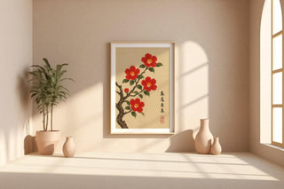 Red Camellia Blossom Poster | Japanese - Style Botanical Wall Art with Vintage Ink Brush Look | Zen Nature Print | Free Shipping Always - Just Great Posters
