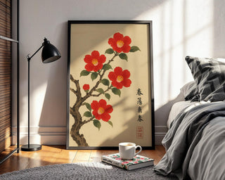 Red Camellia Blossom Poster | Japanese - Style Botanical Wall Art with Vintage Ink Brush Look | Zen Nature Print | Free Shipping Always - Just Great Posters