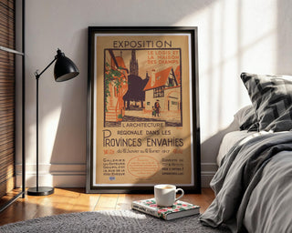 French Exhibition Poster Print – 1917 Architecture Show Reprint – Regional Village Scene with Timber Buildings and Red Accents - Just Great Posters