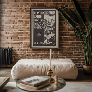 Vintage Poster Exhibit Print – 1895 Mechanics Fair Reprint – Art Nouveau Black & White Illustration with Flowing Line Art Style - Just Great Posters