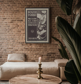 Vintage Poster Exhibit Print – 1895 Mechanics Fair Reprint – Art Nouveau Black & White Illustration with Flowing Line Art Style - Just Great Posters