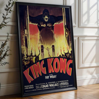 Vintage Movie Poster Print – King Kong French Cinema Reprint – 1930s Giant Gorilla & Fire Scene with Classic Film Artwork - Just Great Posters