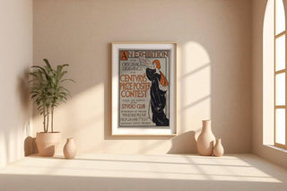 Vintage Art Exhibit Poster Print – Century’s Prize Poster Contest Reprint – 1890s Studio Club Illustrated Woman with Fan - Just Great Posters