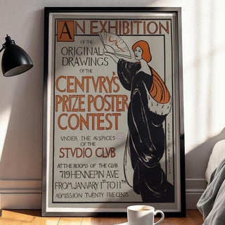 Vintage Art Exhibit Poster Print – Century’s Prize Poster Contest Reprint – 1890s Studio Club Illustrated Woman with Fan - Just Great Posters