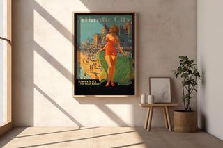 Vintage Travel Poster Print – Atlantic City Beach Scene Reprint – 1940s Swimsuit Pin - Up Woman with Seaside Resort Background - Just Great Posters