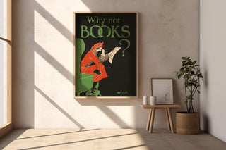 Vintage Bookstore Poster Print – Why Not Books? Reading Gift Reprint – 1920s Holiday Shopper Illustration with Gift List - Just Great Posters