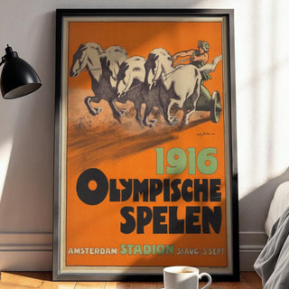 Bold Vintage Olympic Poster Print – 1916 Amsterdam Chariot Horse Racing Art – Retro Sports Wall Art, Myth - Inspired Print, Free Shipping - Just Great Posters