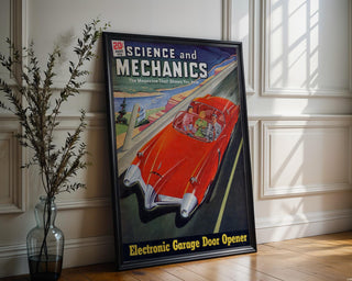 Retro Science Magazine Cover Print – 1950s Futuristic Car Wall Art – Bold Mid - Century Tech Poster, Red Space Age Driving Illustration - Just Great Posters