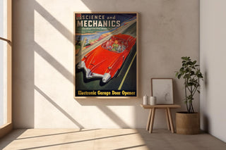 Retro Science Magazine Cover Print – 1950s Futuristic Car Wall Art – Bold Mid - Century Tech Poster, Red Space Age Driving Illustration - Just Great Posters