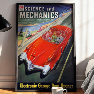 Retro Science Magazine Cover Print – 1950s Futuristic Car Wall Art – Bold Mid - Century Tech Poster, Red Space Age Driving Illustration - Just Great Posters