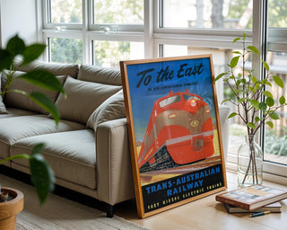 Vintage Australian Train Travel Poster – Bold Red Diesel Locomotive Print – Retro Railway Wall Art, 1950s Transcontinental Design - Just Great Posters