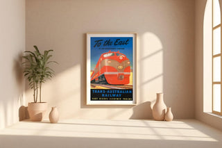 Vintage Australian Train Travel Poster – Bold Red Diesel Locomotive Print – Retro Railway Wall Art, 1950s Transcontinental Design - Just Great Posters