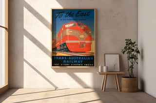 Vintage Australian Train Travel Poster – Bold Red Diesel Locomotive Print – Retro Railway Wall Art, 1950s Transcontinental Design - Just Great Posters