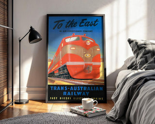 Vintage Australian Train Travel Poster – Bold Red Diesel Locomotive Print – Retro Railway Wall Art, 1950s Transcontinental Design - Just Great Posters