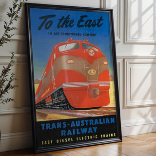 Vintage Australian Train Travel Poster – Bold Red Diesel Locomotive Print – Retro Railway Wall Art, 1950s Transcontinental Design - Just Great Posters