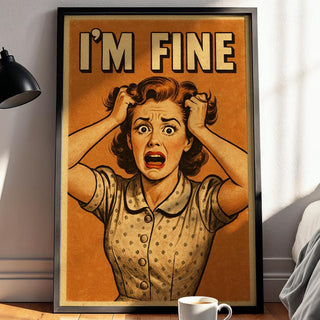 I’m Fine Retro Poster | Funny Mental Health Wall Art in Vintage Comic Style | Anxiety Humor Print for Office or Dorm | Free Shipping - Just Great Posters
