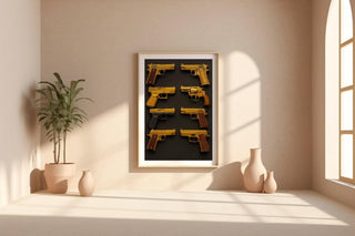 Golden Pistols Poster | Luxury Weapon Grid Wall Art with Bold Gold on Black Design | Edgy Modern Statement Print | Free Shipping Always - Just Great Posters