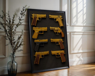 Golden Pistols Poster | Luxury Weapon Grid Wall Art with Bold Gold on Black Design | Edgy Modern Statement Print | Free Shipping Always - Just Great Posters