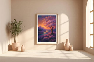 Sunset Blossom Tree Poster | Dreamy Landscape Wall Art with Lavender Fields & River | Fantasy Nature Print | Free Shipping Always - Just Great Posters
