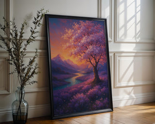 Sunset Blossom Tree Poster | Dreamy Landscape Wall Art with Lavender Fields & River | Fantasy Nature Print | Free Shipping Always - Just Great Posters