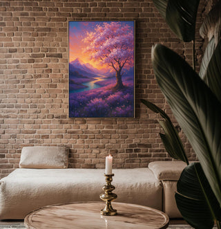 Sunset Blossom Tree Poster | Dreamy Landscape Wall Art with Lavender Fields & River | Fantasy Nature Print | Free Shipping Always - Just Great Posters