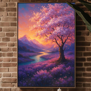 Sunset Blossom Tree Poster | Dreamy Landscape Wall Art with Lavender Fields & River | Fantasy Nature Print | Free Shipping Always - Just Great Posters