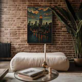 New York City Night Skyline Poster | Moody Empire State Building Wall Art with River Lights | Retro Urban Print | Free Shipping Always - Just Great Posters
