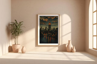 New York City Night Skyline Poster | Moody Empire State Building Wall Art with River Lights | Retro Urban Print | Free Shipping Always - Just Great Posters