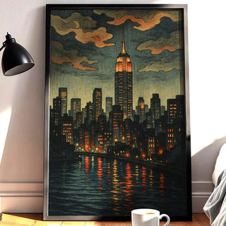 New York City Night Skyline Poster | Moody Empire State Building Wall Art with River Lights | Retro Urban Print | Free Shipping Always - Just Great Posters