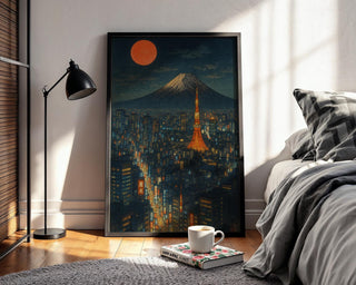 Tokyo Night Skyline Poster | Futuristic Cityscape Wall Art with Mt. Fuji & Neon Lights | Urban Japan Print | Free Shipping Always - Just Great Posters