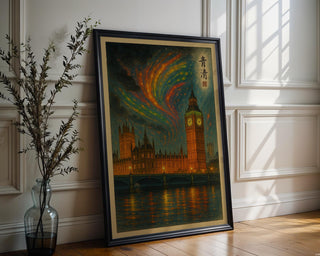 London Big Ben Aurora Poster | Surreal Night Sky Wall Art with Parliament & River Thames | Fantasy City Print | Free Shipping Always - Just Great Posters