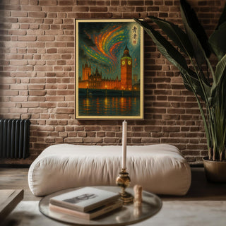London Big Ben Aurora Poster | Surreal Night Sky Wall Art with Parliament & River Thames | Fantasy City Print | Free Shipping Always - Just Great Posters