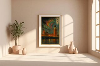London Big Ben Aurora Poster | Surreal Night Sky Wall Art with Parliament & River Thames | Fantasy City Print | Free Shipping Always - Just Great Posters