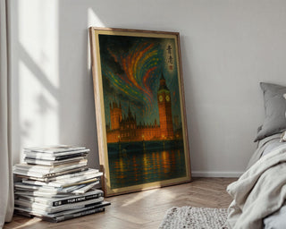 London Big Ben Aurora Poster | Surreal Night Sky Wall Art with Parliament & River Thames | Fantasy City Print | Free Shipping Always - Just Great Posters
