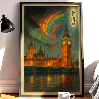 London Big Ben Aurora Poster | Surreal Night Sky Wall Art with Parliament & River Thames | Fantasy City Print | Free Shipping Always - Just Great Posters