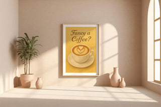 Fancy a Coffee Poster – Retro Latte Art Wall Print – Warm Café - Inspired Kitchen Decor – Funny Coffee Lover Gift – Cozy Espresso Artwork - Just Great Posters