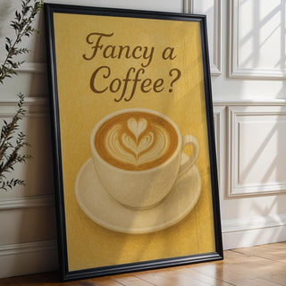 Fancy a Coffee Poster – Retro Latte Art Wall Print – Warm Café - Inspired Kitchen Decor – Funny Coffee Lover Gift – Cozy Espresso Artwork - Just Great Posters