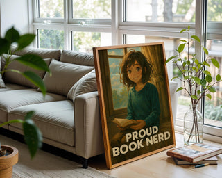 Proud Book Nerd Poster – Cozy Reading Art Print – Anime Style Book Lover Wall Art – Cute Library Decor – Gift for Readers and Introverts - Just Great Posters