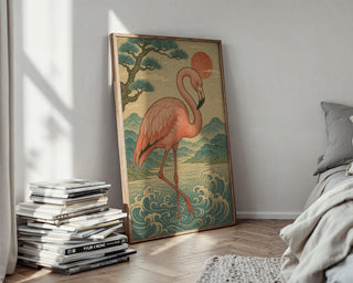 Flamingo Wall Art Print – Japanese Woodblock Style Tropical Bird with Sunset and Waves, Elegant Nature Poster, Free Shipping - Just Great Posters