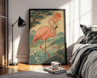 Flamingo Wall Art Print – Japanese Woodblock Style Tropical Bird with Sunset and Waves, Elegant Nature Poster, Free Shipping - Just Great Posters