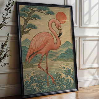Flamingo Wall Art Print – Japanese Woodblock Style Tropical Bird with Sunset and Waves, Elegant Nature Poster, Free Shipping - Just Great Posters