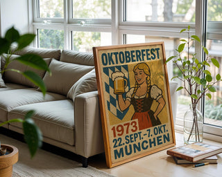 Oktoberfest 1973 Poster – Vintage German Beer Festival Wall Art with Dirndl & Bavarian Charm, Retro Munich Decor, Free Shipping - Just Great Posters