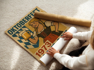 Oktoberfest 1973 Poster – Vintage German Beer Festival Wall Art with Dirndl & Bavarian Charm, Retro Munich Decor, Free Shipping - Just Great Posters