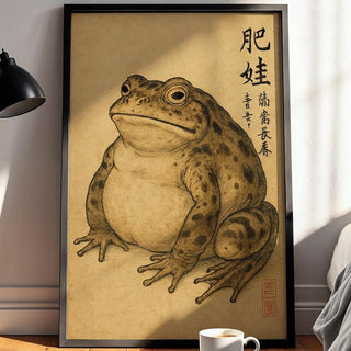 Japanese Frog Wall Art – Vintage Style Ink Animal Drawing with Kanji, Wabi - Sabi Amphibian Print for Cool Minimalist Decor, Free Shipping - Just Great Posters