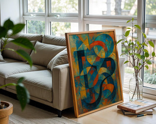 Bold Geometric Abstract Wall Art – Colorful Mid Century Style Shapes Print, Modern Retro Art Poster in Orange, Blue & Yellow Tones - Just Great Posters